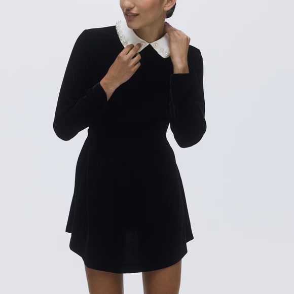 H&M Velvet Short Dress with Contrasting Collar with Pearlescent Beads Black NWT - Picture 3 of 4